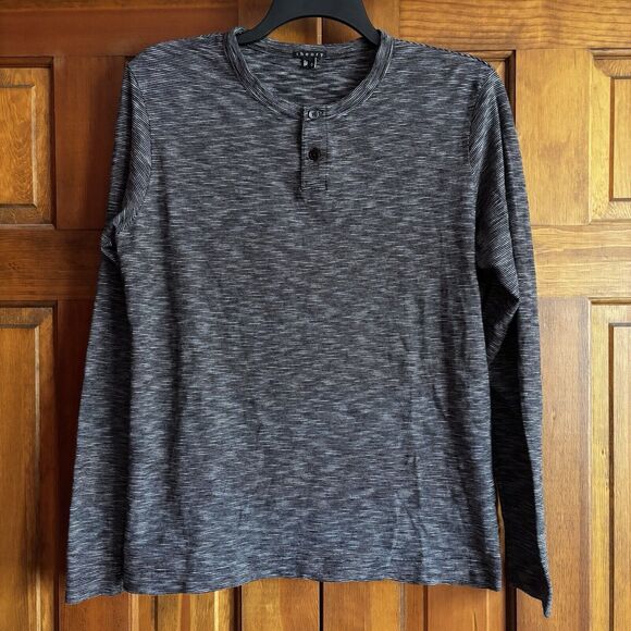Theory Black White Striped Knit Stretch Long Sleeve Shirt Men's Size Large - Picture 1 of 7